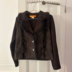 Cynthia Steffe Chocolate Brown Suede & Fur-Trim Blazer / Cardigan / Jacket sz M